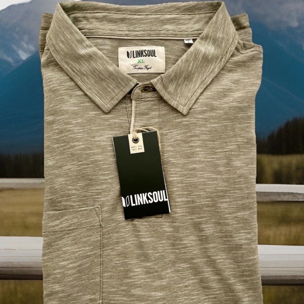 NWT-Linksoul Polo Shirt Mens Size XL Light Brown Golf Short Sleeve Pocket Cotton